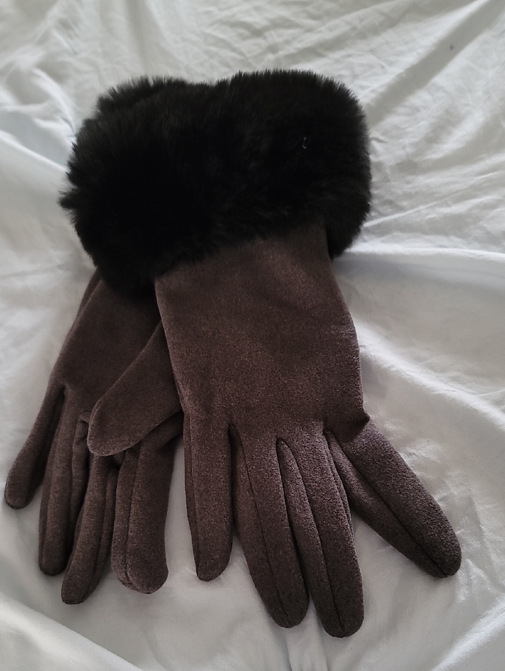 Women's Brown Faux Suede Gloves with Black Faux Fur Cuff
